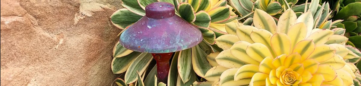 An installed copper path light among variegated succulents beside a sandstone boulder