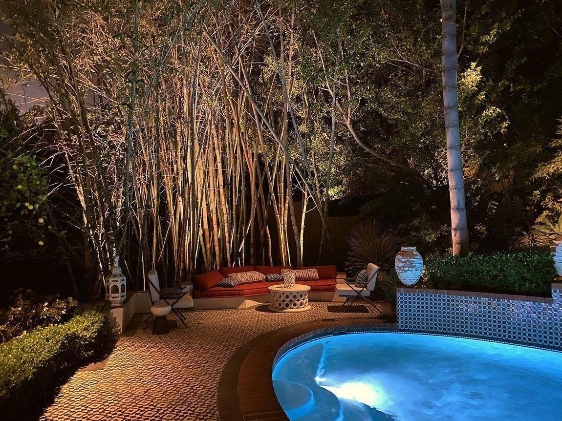 A full estate elevation lit at night