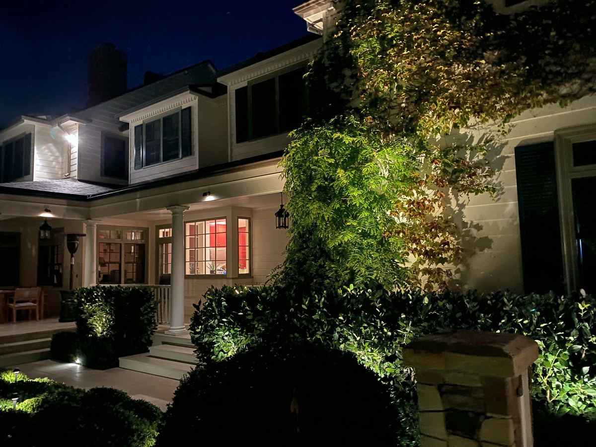 Lit house facade entry planting
