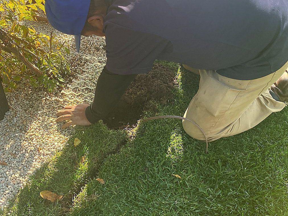 Low-voltage cable being set into a lawn edge