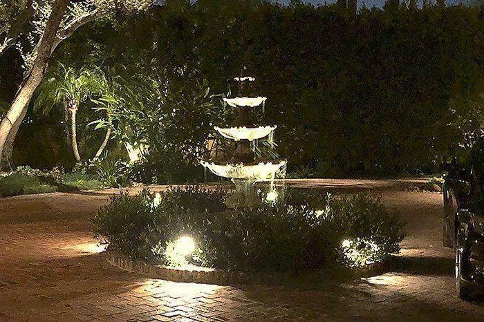 A lit path through planting at night