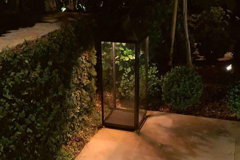 A lantern walk lit at night